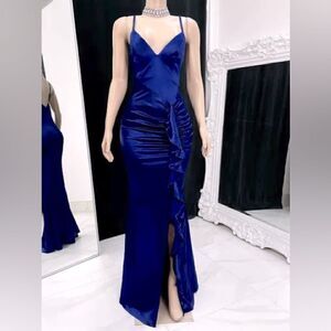 Obsession Fashion Apparel NWT Royal Blue Satin Floor Length Dress Split Front.